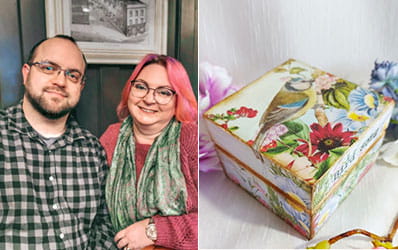 Janie Burnett-Bleach and Martin Bleach, part of the Supercrafters, and examples of their trinket boxes